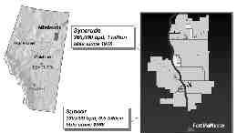 A map of Alberta showing the Syncrude and Suncor projects and their production levels in the Athabasca oil sands.
