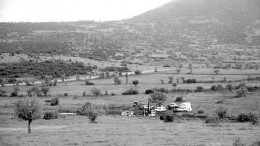 A geotechnical drill operates in farm fields at the Efemcukuru project in Turkey. Much of the area around the project is under cultivation.