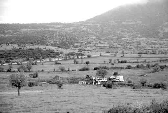 A geotechnical drill operates in farm fields at the Efemcukuru project in Turkey. Much of the area around the project is under cultivation.