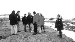 Analytst and geologists look at the surface outcropping of the Hinge zone of Miramar Mining's Doris deposit, where a "starter" open pit is in the planning stages.