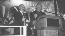 The Ontario Ministry of Northern Development and Mines honoured Albert Decker as the prospector with the oldest continuously valid licence in the province. At the Prospectors' and Developers' Association of Canada's annual convention last March, Minister James Wilson presented Decker with a framed cross-section drawing from one of the first areas he staked.