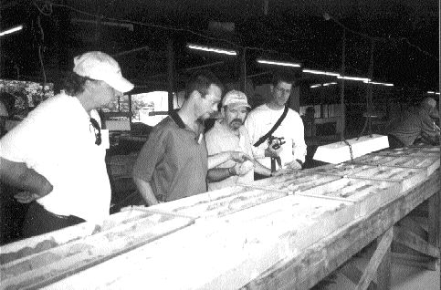 Malvin Spooner of Mavrix Funds, Kansanshi geologist Michael Stewart, Robert Lee of RBC Capital, and Craig Langdon of Deans Knight examine core at the Kansanshi copper project.
