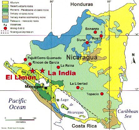 The regional geology of Nicaragua, highlighting the country's mining districts.