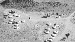 Aerial view of QGX's field camp at its Golden Hills project in western Mongolia.