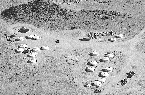 Aerial view of QGX's field camp at its Golden Hills project in western Mongolia.