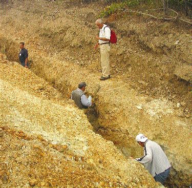Geologists and analysts line a trench looking for signs of gold mineralization at the Tolvana prospect on FreeGold Ventures' Golden Summit property in Fairbanks, Alaska. Meridian Gold can earn a 70% interest in the property.