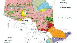 Geological map of Ontario, showing locations of the Swayze and Shining Tree greenstone belts.
