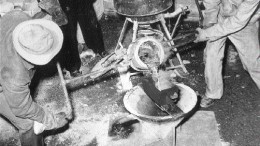 Pouring the first gold brick at the Giant mine in Yellowknife, N.W.T., on Aug. 24, 1948.