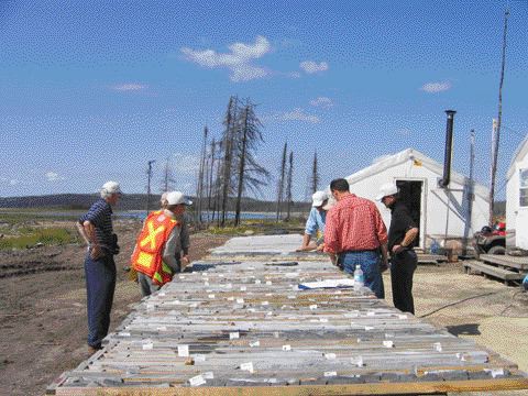 Staff from Virginia Gold Mines examine core from the lonore project in the James Bay region of north-central Quebec.