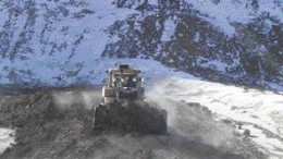 SARAH HURSTA dozer moves along the dry stack tailings facility at the Pogo gold mine in Alaska. The tailings are at one of the windiest locations on the mine site.