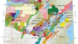 A map outlining claims in the Athabasca basin. The image is from Exploration GIS, a Saskatoon-based exploration consulting firm with extensive experience in the basin. The company has provided products to Saskatchewan's mining industry since 1988.