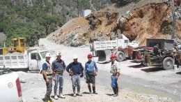 From left: Dia Bras consultant Jacques Marchand, and Remi Boily, general superintendent of the Bolivar copper-zinc mine, with guests outside an adit at the Bolivar copper-zinc mine in in the Sierra Madre mountains in Chihuahua state, Mexico. The company would like to build a mill on-site rather than ship ore 150 km by road and rail.