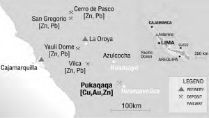 A map showing the location of Tiomin Resources' 49%-owned Pukaqaqa copper-gold deposit in Peru, one of the assets the company would bring to the table in a proposed merger with Cadiscor Resources.
