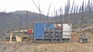 Drilling at Northern Freegold Resources' 166-sq.-km Freegold Mountain gold project, 175 km northwest of Whitehorse, Yukon.