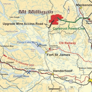 A location map of Terrane Metals' Mt. Milligan gold project in B. C.