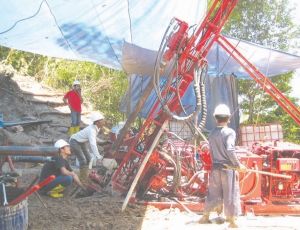 Drillers at Intrepid Mines' Tujuh Bukit project situated 205 km southeast of Surabaya, East Java, Indonesia.