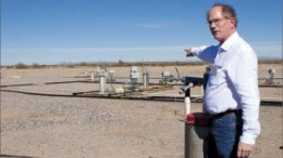 Curis Resources' vice-president of project development Mel Lawson points to the Florence in-situ leaching copper project, 100 km southeast of Phoenix, Ariz. Photo by Ian Bickis