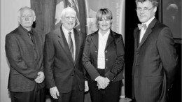 At the federal government's funding announcement in Vancouver, from left: Breakwater Resources' David Keiver; Douglas Bryman, lead scientist for muon geotomography projects at Advanced Applied Physics Solutions (AAPS); Lynne Yelich, federal Minister of State for Western Economic Diversification; and John (Jack) Scott, AAPS president and CEO. Photo by Advanced Applied Physics Solutions