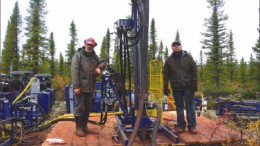 Cap-Ex Ventures Driller Carol Harvey (left) and helper Matieu Sunny at Cap-Ex Ventures' Block 103 iron ore project, 30 km northwest of Schefferville, Quebec.