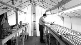 Chief geologist Dirk Meckert logs core from the Tel zone at Banks Island Gold's Yellow Giant gold project in northern British Columbia. Photo by Banks Island Gold