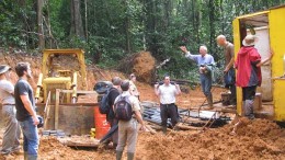 Columbus Gold CEO Robert Giustra (second from right) and country manager Andre Adam (third from right) address visitors at a drill site at the Paul Isnard gold project in northwest French Guiana. Source:  Columbus Gold