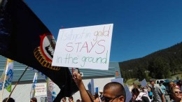 Opponents of Taseko Mines' New Prosperity copper-gold project protest at a public hearing in Williams Lake, British Columbia. Photo by Gwen Preston.