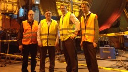 From left: Metso Minerals Canada production manager Andr Bell, Alderon Iron Ore CEO Tayfun Eldem, Alderon COO Brian Penney and Metso manufacturing engineering manager Michel Roy standing in front of a ball mill section to be used at the Kami iron-ore project in the Labrador Trough. Credit: Alderon Iron Ore