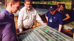 Peter Brown (second from left), group exploration manager, with visitors at Amara Mining's Yaoure gold project in Cte d'Ivoire. Photo by Lesley Stokes.