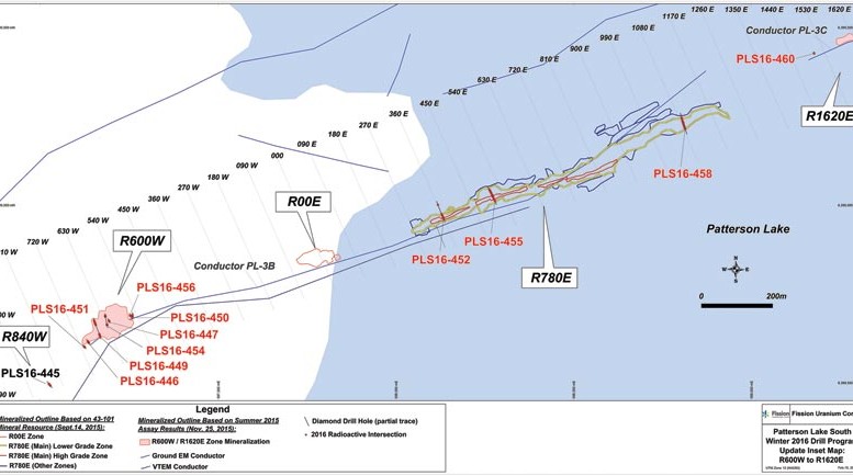 A drill hole map with holes from Fission Uranium’s winter 2016 campaign at the Patterson Lake South uranium project in northern Saskatchewan. Credit: Fission Uranium