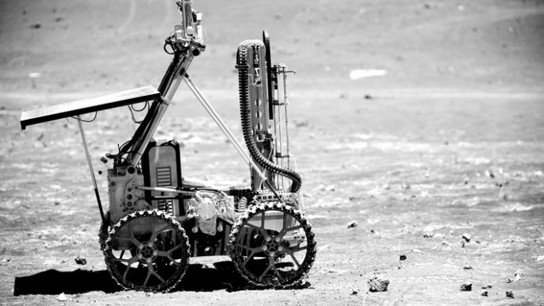 Deltion Innovations’ drill on a rover during a 2012 deployment on the slopes of Mauna Kea in Hawaii. Photo by Joe Bibby