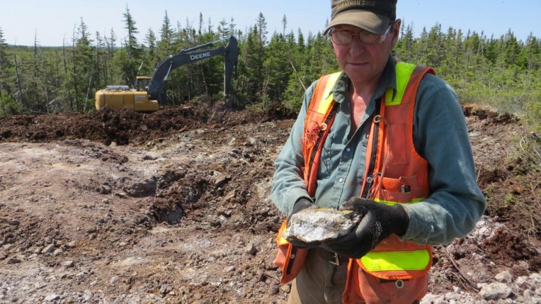 Marathon Gold prospector Dave Galley examines visible gold in coarse cubic pyrite from large quartz-tourmaline-pyrite at the Sprite deposit at the Valentine Lake gold property in Newfoundland. Credit: Marathon Gold.