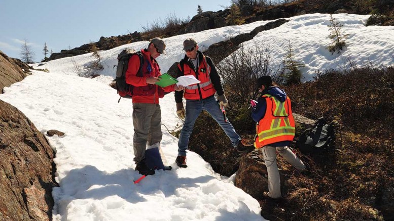 Northern Shield president and CEO Ian Bliss, South32 senior resource manager of resource evaluation Mirek Wozga (centre) and project geologist Gabriela Murray at the Huckleberry project. Credit: Northern Shield Resources.