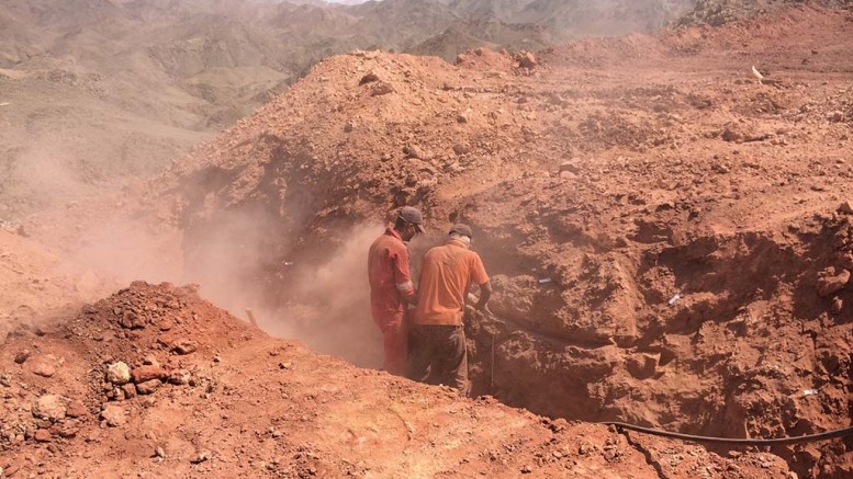 Workers channel-sample a trench in the Hamama West area of Aton Resources’ Abu Marawat gold project in Egypt in 2016. Credit: Aton Resources.