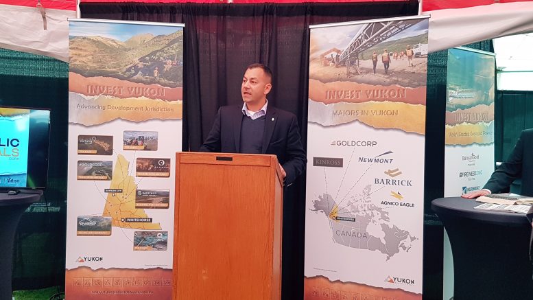 Yukon Deputy Premier Ranj Pillai, also Minister of Energy, Mines and Resources, addresses the crowd at the annual Yukon Mining Investment Conference in Dawson City. Photo by Matthew Keevil.