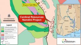 A map showing Cardinal Resources' Namdini gold project, located in the Bolgatanga region, 6 km south east of the operating Shaanxi gold mine, in Ghana. Credit: Cardinal Resources.