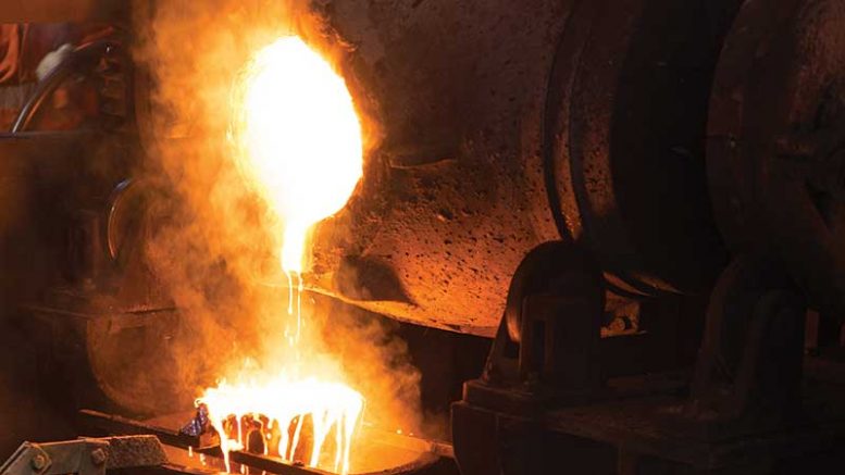 Gold pouring at Monarques Gold’s Beaufor gold mine in Quebec. Credit: Monarques Gold.