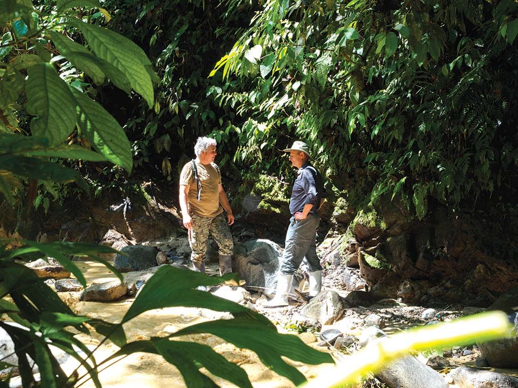 Jean-Paul Pallier (left), Aurania Resources’ vice-president of exploration, and Richard Spencer, president, discussing stream sediment sampling techniques at the Lost Cities-Cutucu gold project in Ecuador. Credit: Aurania Resources.
