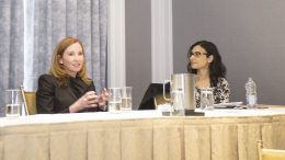 Eira Thomas (left), president and CEO of Lucara Diamond, with Alisha Hiyate, editor of Diamonds in Canada and editor-in-chief of Canadian Mining Journal at The Northern Miner's Diamonds in Canada Symposium in Toronto in June 2018. Photo by Erik Rotter.