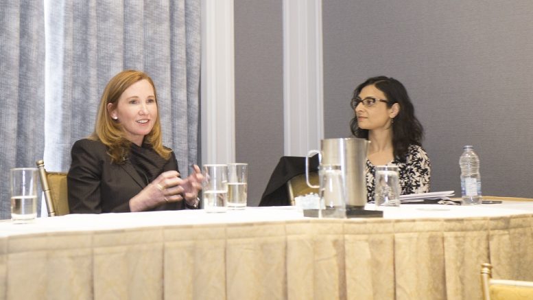 Eira Thomas (left), president and CEO of Lucara Diamond, with Alisha Hiyate, editor of Diamonds in Canada and editor-in-chief of Canadian Mining Journal at The Northern Miner's Diamonds in Canada Symposium in Toronto in June 2018. Photo by Erik Rotter.