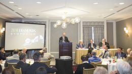On stage at The Northern Miner's Diamonds in Canada Symposium in June 2018 in Toronto, from left: Northern Miner editor-in-chief John Cumming; Matt Manson, president and CEO of Stornoway Diamond; Peter Ravenscroft, managing director of Burgundy Diamonds; and George Read, VP of exploration & development at Star Diamond (formerly Shore Gold. Credit: Erik Rotter Photography.