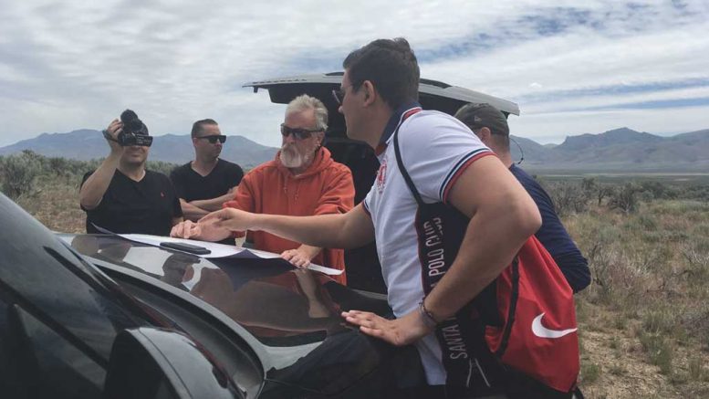 American Pacific Mining CEO Warwick Smith and president Eric Saderholm (second and third from left) at the Tuscarora gold project in Nevada. Credit: American Pacific Mining.