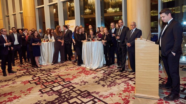 The Young Mining Professionals' (YMP) third annual YMP Awards gala held at the Shangri-La hotel in Toronto on March 2, 2019, with Anthony Moreau (far right), business development and innovation manager at Iamgold and YMP Toronto director, serving as master of ceremonies. Credit: YMP.