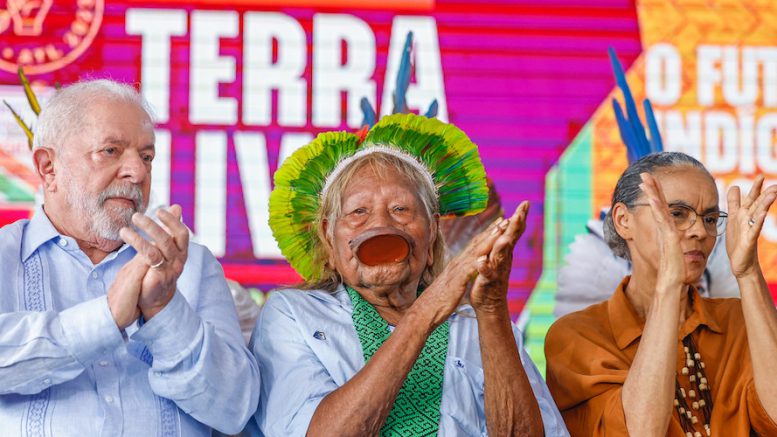 Brazilian President Lula Da Silva, Cacique Kayapó, Raoni Metuktire, and Minister of Environment and Climate Change Marina Silva
